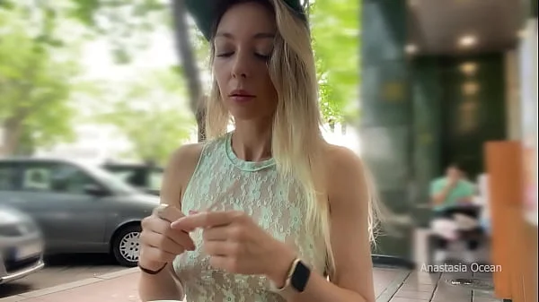 She cum outdoor with risky Public masturbation in cafe on the busy street. Transparent top, no panties, upskirt.