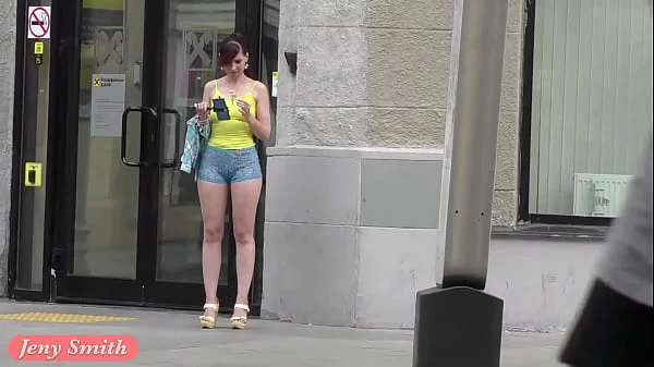 Jeny Smith walks in public with transparent shorts. Real flashing moments