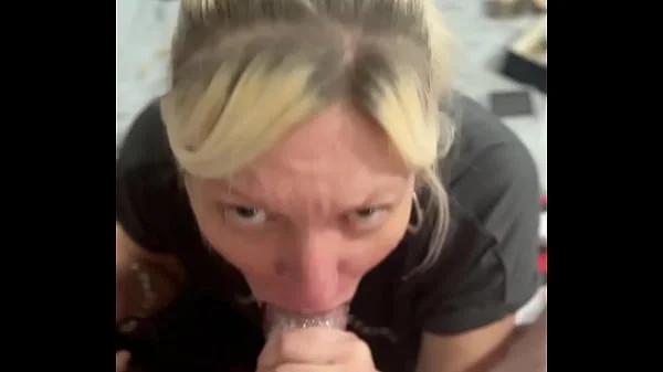 POV Blonde milf gives teasing blowjob inside a transparent cock sleeve