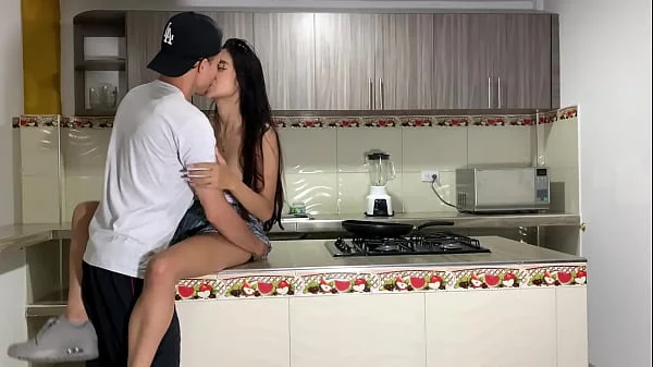 Passionate sex in the kitchen and a lot of cum at the end