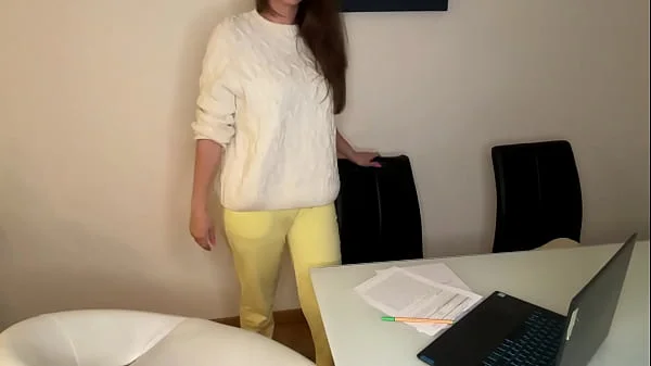 Stepson saw Stepmother’s Big Cumshot through pants in the office