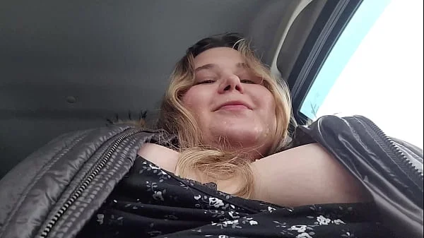 Huge facial of a cute BBW blonde with big breasts in inclement weather