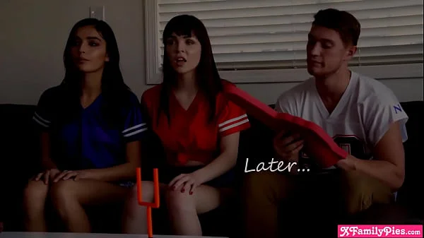Watching the game with two petite horny teen sluts