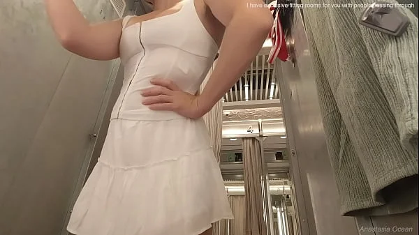 Sexy try on haul clothes fitting in the mall. Naked in the fitting room of the mall