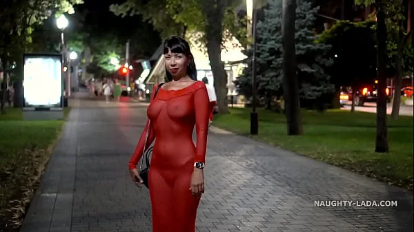 Red transparent dress in public