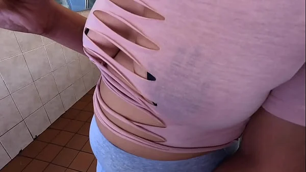 Wife with pasties cut up shirt and no bra in public