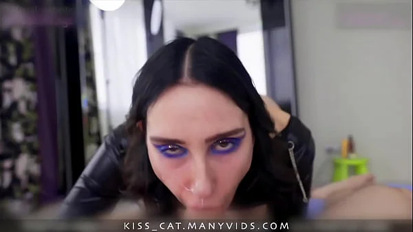 Brunette in a leather dress greedily sucks dick and rides a big ass / Kisscat