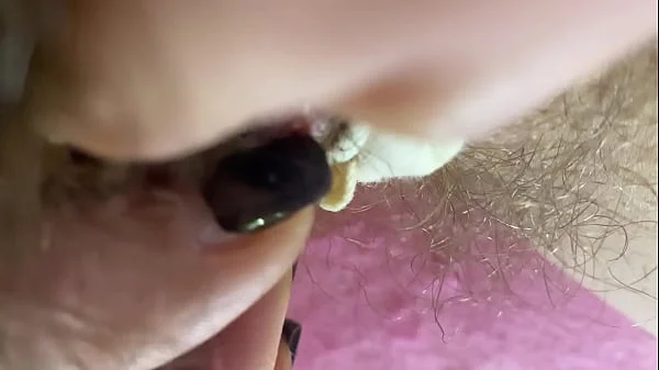 Extreme Closeup Big clit Rubbing orgasm wet hairy pussy