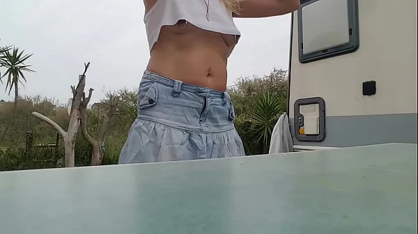 nippleringlover horny milf flashing pierced pussy small boobs with extreme big nipple piercings outdoors