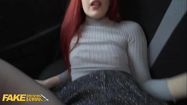 FakeDrivingSchool Redhead Brit with Pierced Tits has Tights Ripped and Pussy Fucked